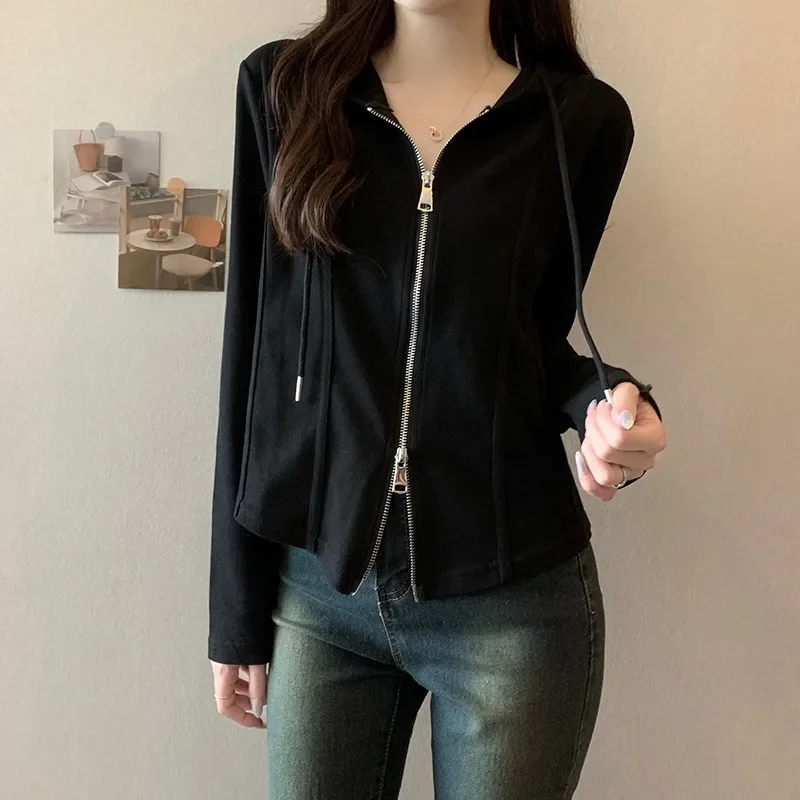 Solid Color Short Jacket Women 2024 Spring and Autumn Slim Thin Hooded Zip Long-sleeved Cardigan Versatile Casual Blouse Female