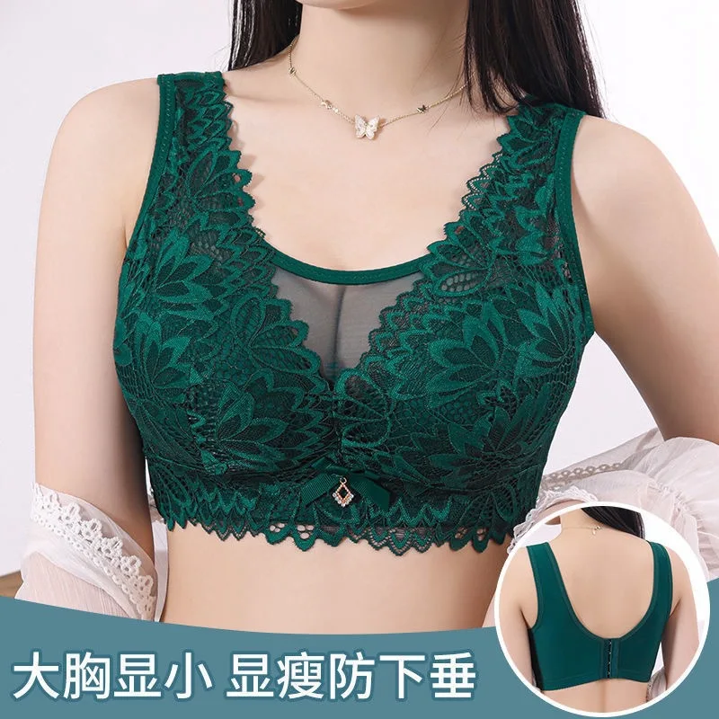 Sexy Lace Anti-glare Bra Vest Full Cup Thin Mold Cup Big Breasts Small and Thin Gather Anti-sagging No Steel Ring Large Size Bra