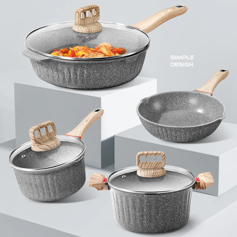 Maifan Stone Non-Stick Frying Pan Set Soup Pot Milk Pan with Wooden Handle Wok Cookware Set Cooking Utensils For Kitchen