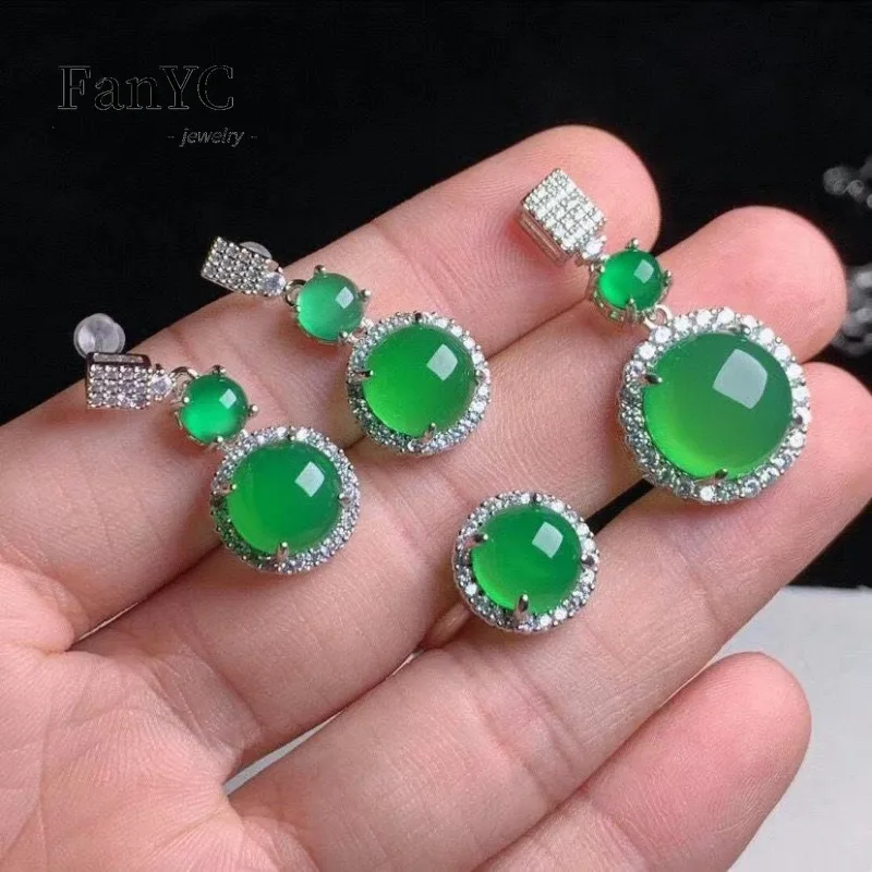 Natural Imperial Green Agate Necklace Set 925 Silver Set Egg Face Three-piece Pendant Ring Earrings Exquisite Women's Jewelry