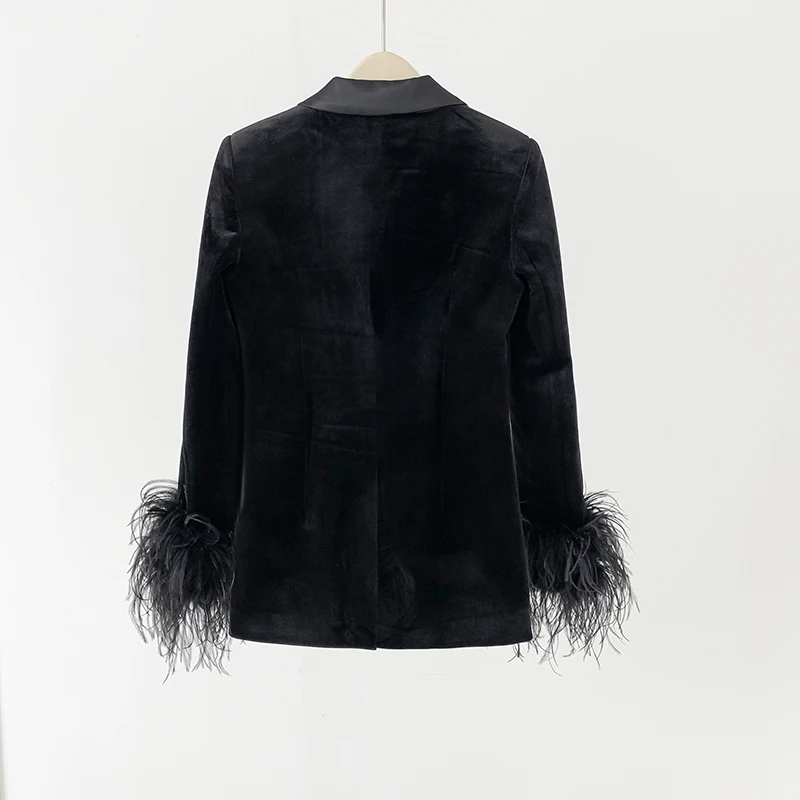 Blazer in velluto nero con piume di capelli di struzzo giacca da donna con risvolto in raso ufficio Business autunno inverno cappotto Blazer formale