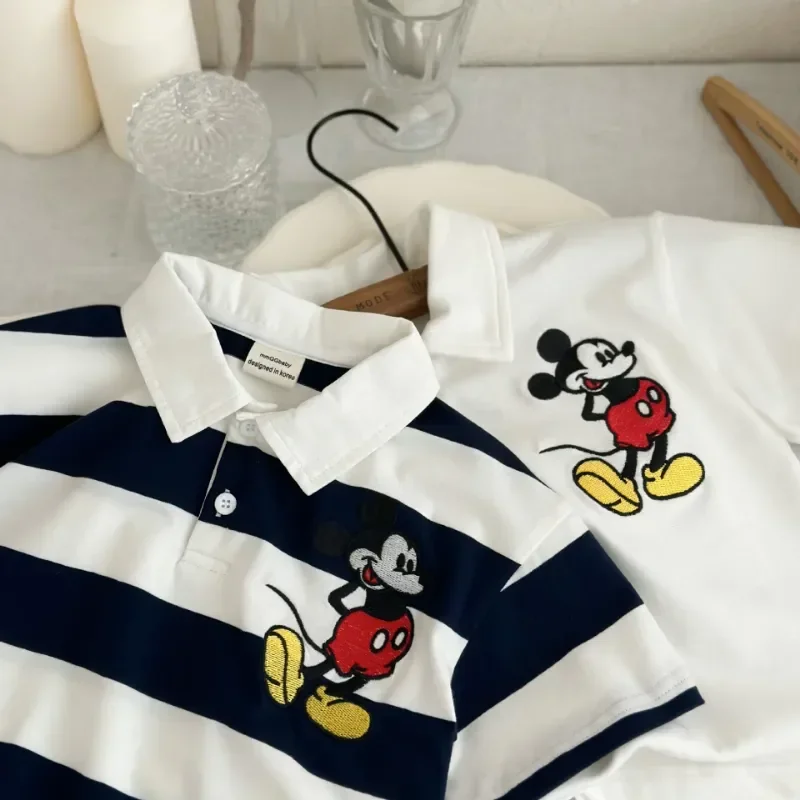 2024 Kids Clothes T-Shirt Summer Baby Boys Girls Mickey Mouse Stripe Lapel Short sleeve Polo shirt Children Cartoon Cotton Tops