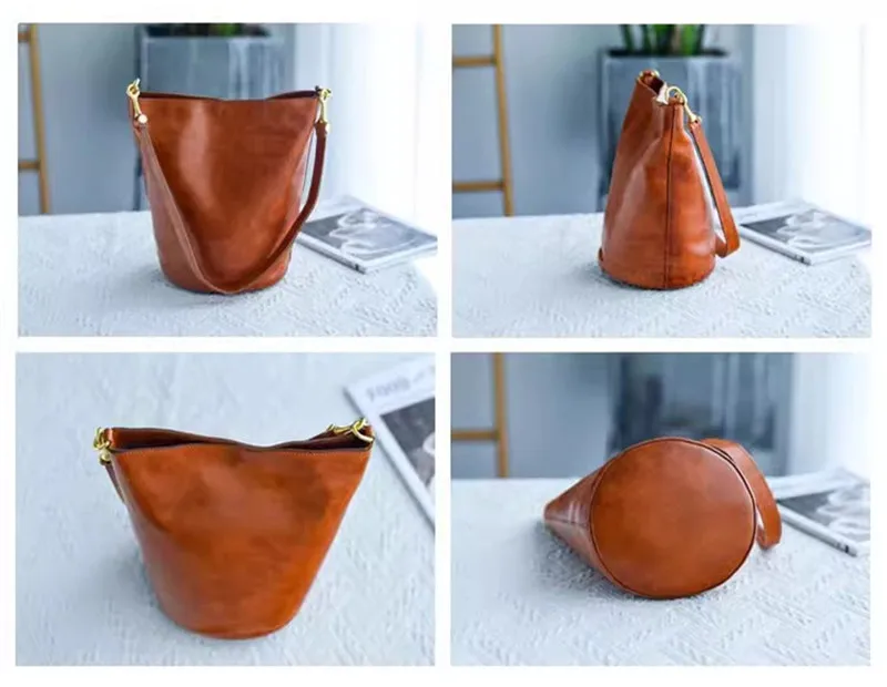 Simple vintage designer genuine leather women's bucket bag fashion outdoor party natural first layer cowhide female shoulder bag