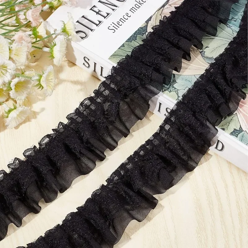 11 Yards Black Double-Layer Pleated Chiffon Lace Trim 5cm Wide 2-Layer Gathered Ruffle Trim Edging Tulle Trimmings Fabric Ribbon