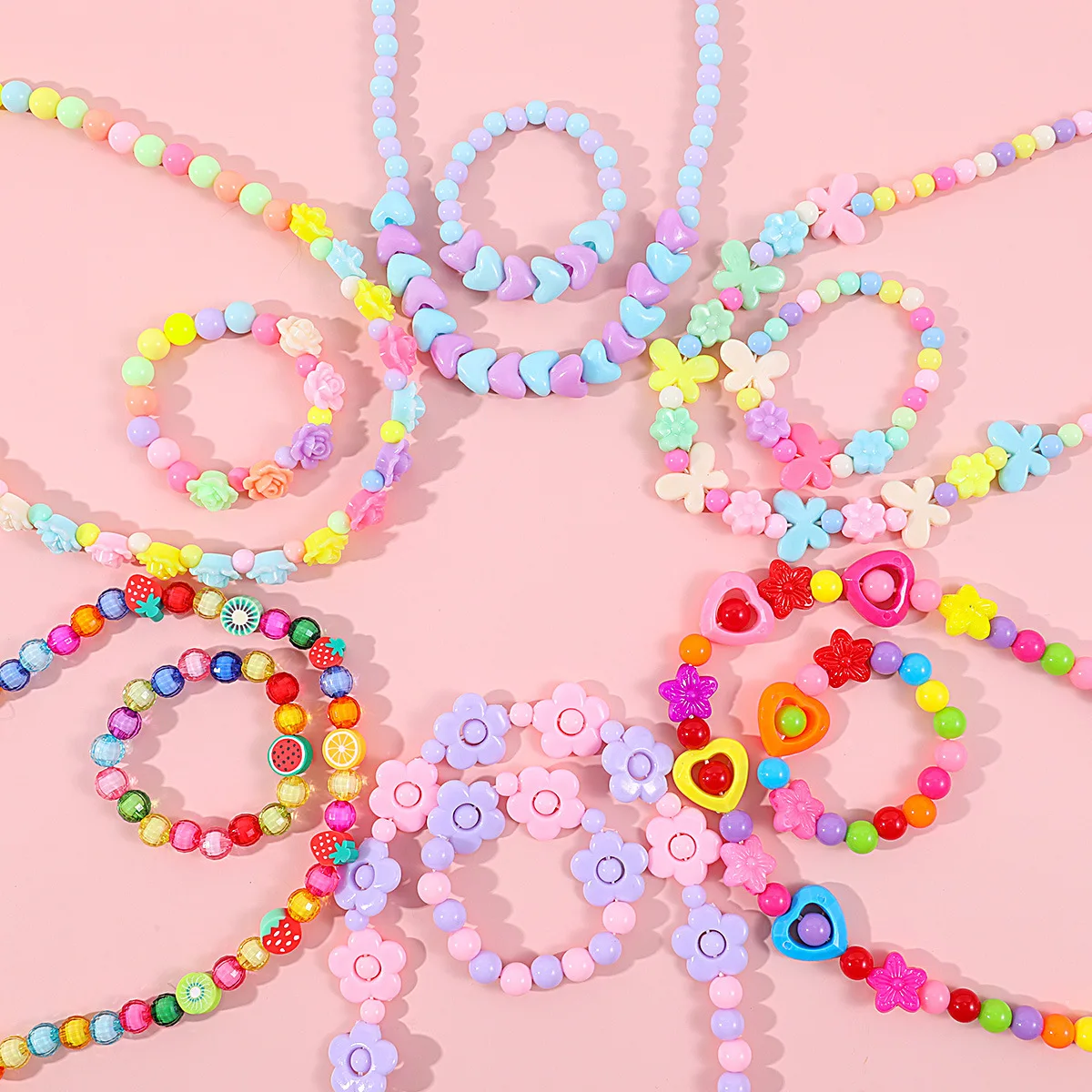 Makersland Children\'s Beaded Flower Bracelet Colorful Acrylic Flower Necklace Girls Children\'s Jewelry Sets Wholesale