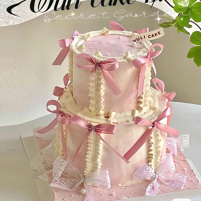 plastic-simulated-double-layer-ballet-girl's-heart-ribbon-bow-cake-model-sample-ornaments-birthday-party-decor-showcase-crafts