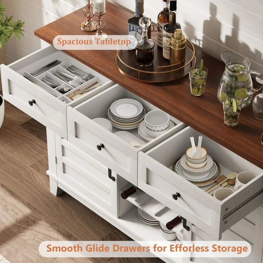 53.5 Farmhouse Buffet Cabinet with Storage, 36 Tall Wood Rustic Sideboard with 3 Drawer, Reversible Wine Rack and Adjustable She