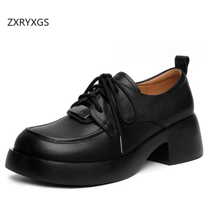

ZXRYXGS 2024 British Style Lace Up Genuine Leather Shoes Women's High Heel Shoes Thick Sole Non-slip Comfortable Women Shoes