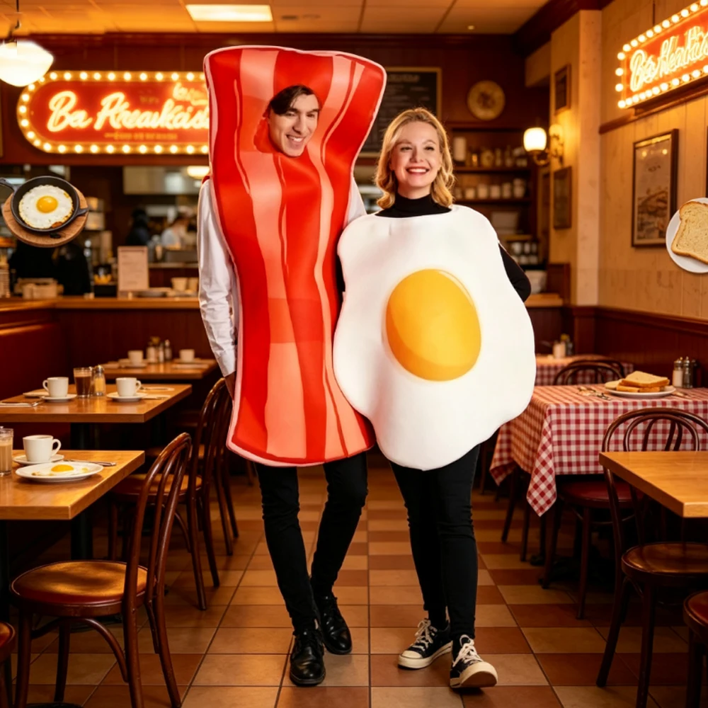 Carnival Night Poached Egg Bacon Cosplay Costume Party Adult Men and Women Couples Funny Food Costumes Halloween Food Costumes
