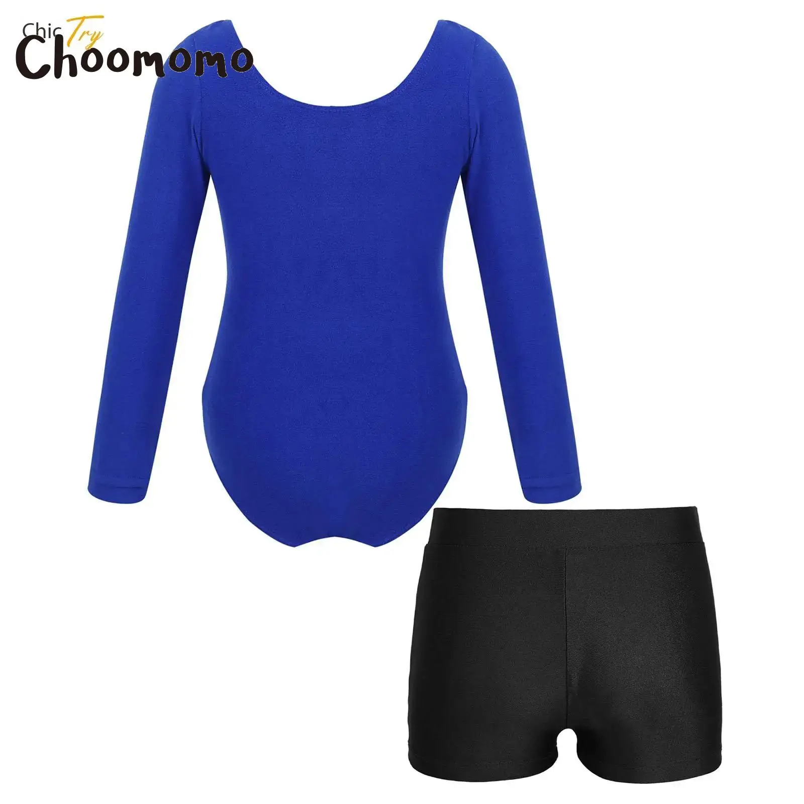 

Children Girls Long Sleeve Ballet Leotard with V-front Waistband Shorts Bottoms for Gymnastics Workout Dance Warm-up