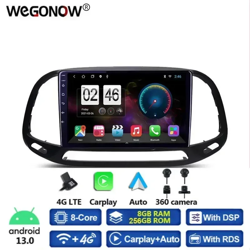 360 Panoramic Camera Carplay 8G+256G Android 13.0 Car DVD Player GPS Map WIFI Bluetooth 5.0 RDS Radio For FIAT Doblo 2015 - 2019