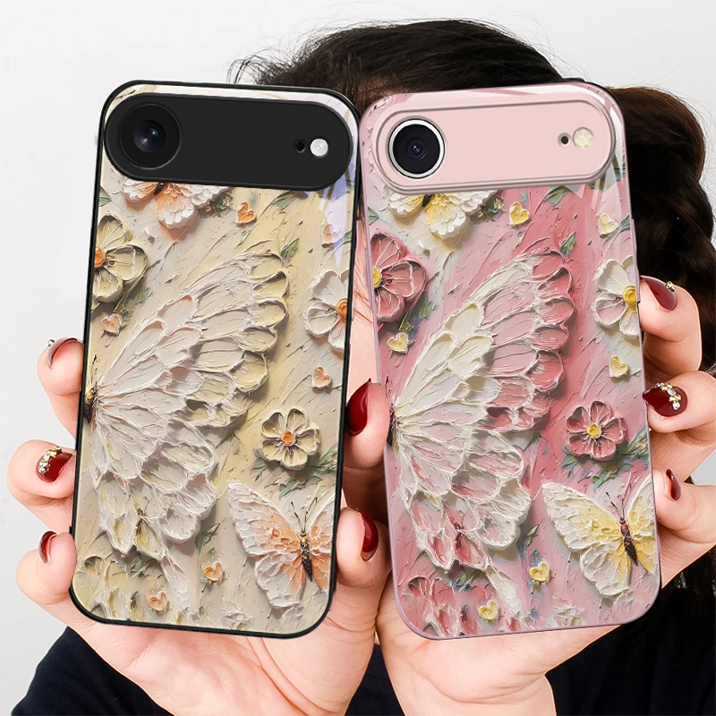 

oil painting butterfly For iPhone 17 Air 16 E 15 14 13 Plus 12 mini 17 Pro Max 11Pro XR X 16E 7 8 11 Tempered Glass Phone Case