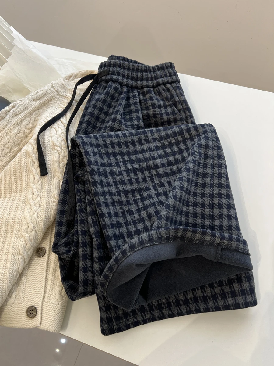 กางเกงขายาวทรงตรงเอวสูงไซส์ใหญ่บุซับใน ลายสก็อต ผ้าหนา อุ่นสบาย ใส่ลำลอง ใส่ทำงาน สำหรับผู้หญิง ฤดูหนาว