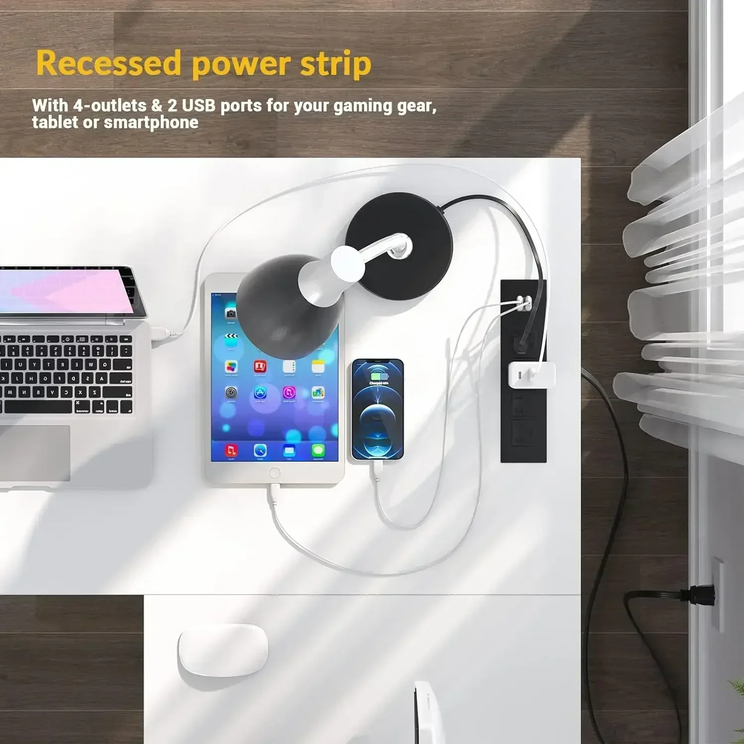 Unikito Magic Mesa portátil em forma de L com 4 saídas, mesa de computador reversível em forma de L de 55 polegadas com prateleira de armazenamento e carregamento USB Po