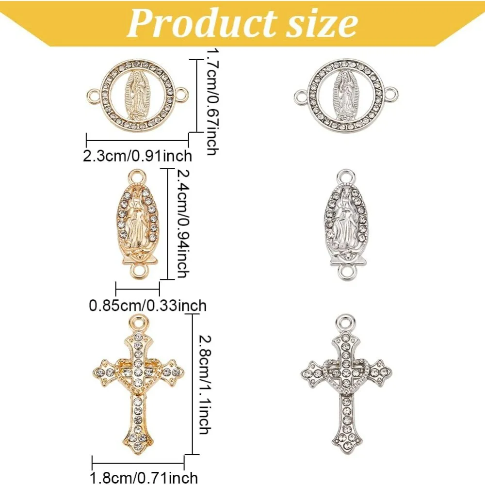 60 Pcs 6 Styles Alloy Religions Connector Charms, Link Pendant Cubic Zirconia Cross Pendant Charms for Necklace Bracelet DIY