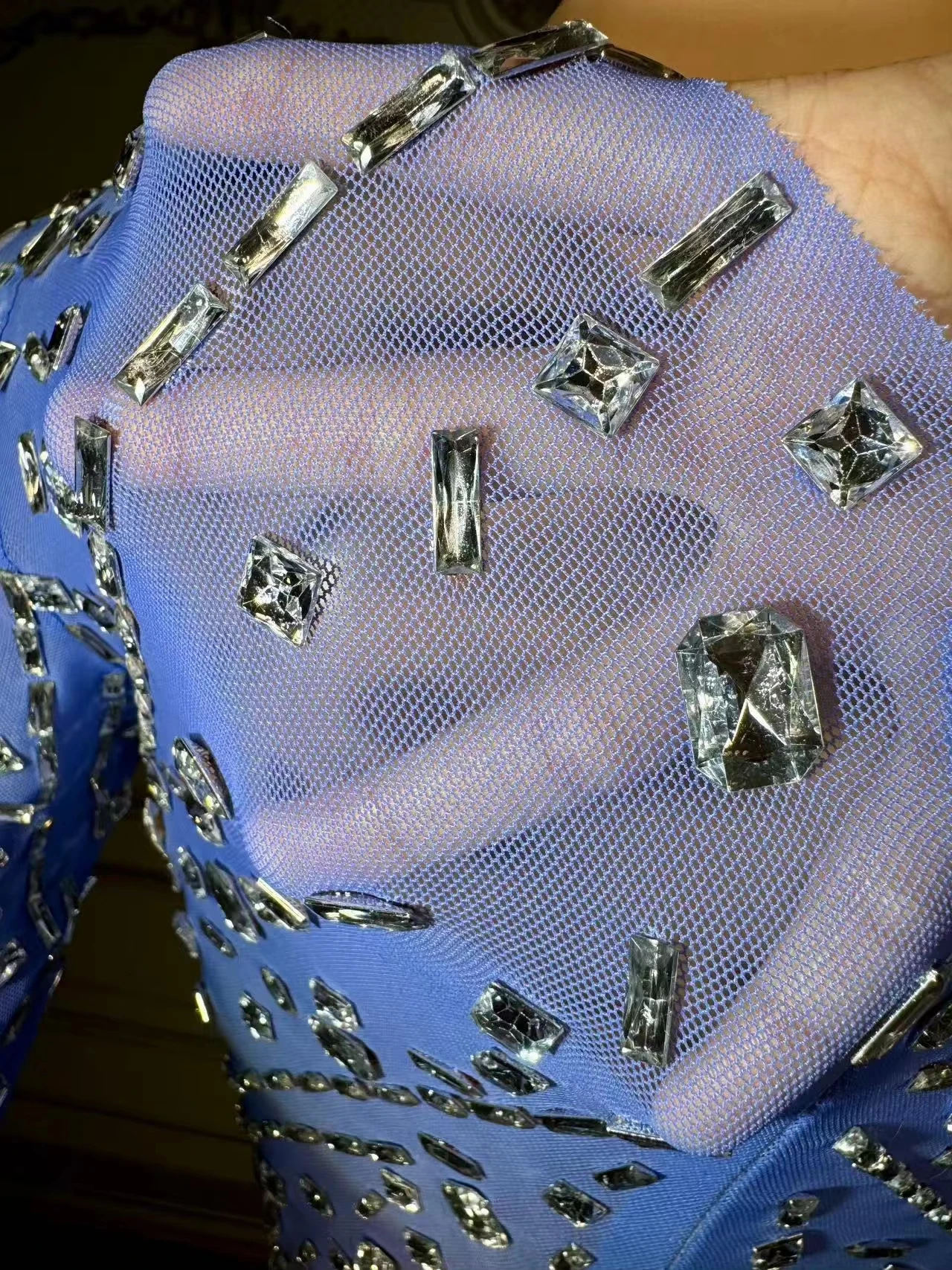 ZD เซ็กซี่ชุดสีฟ้าเวที Bling Silver Rhinestones วันเกิดฉลองเต้นรํายืดคริสตัลชุดพรหมนักร้องเต้นรําคอลเลกชัน