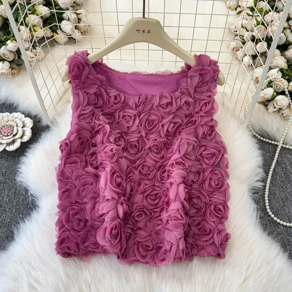 

Vintage Floral Three-dimensional sweet Blouse Slim Elegant Korean Fashion Crop Top Sexy Summer Women Shirt Femme