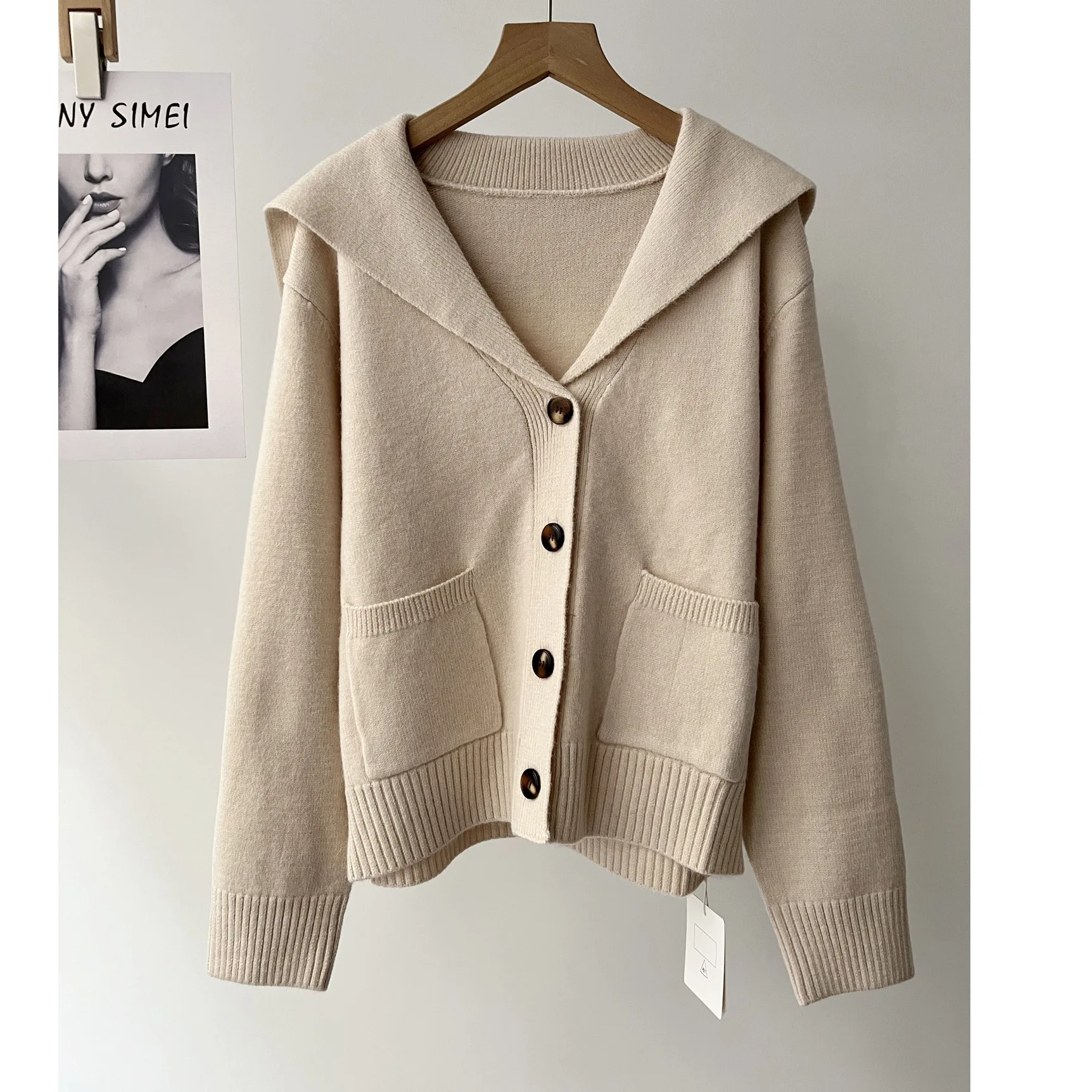 

Navy collar beige knitted cardigan women's short sweater jacket autumn and winter single-breasted 51c-2062