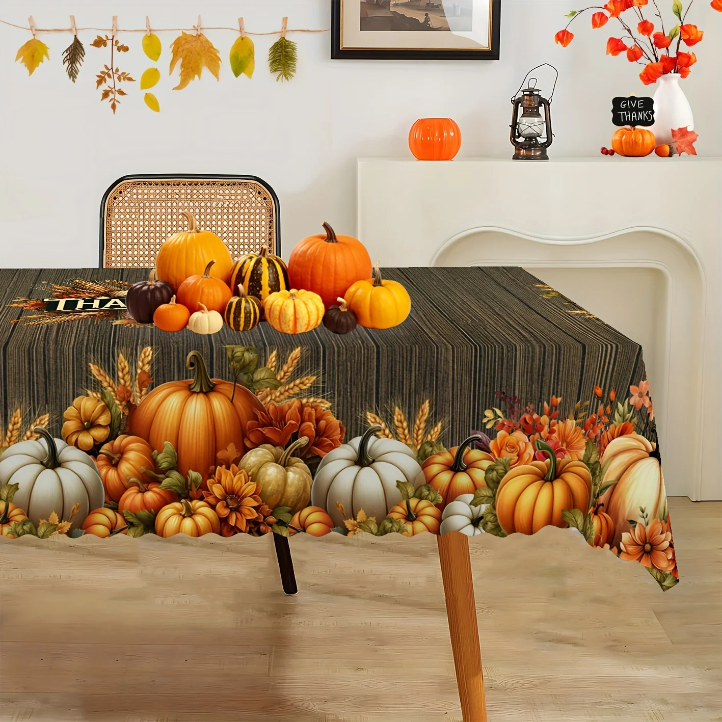 Eine runde Tischdecke für den Herbst, Thanksgiving-Tischdecke mit Kürbis-, Ahornblatt-, Mais- und Weizenmotiv.