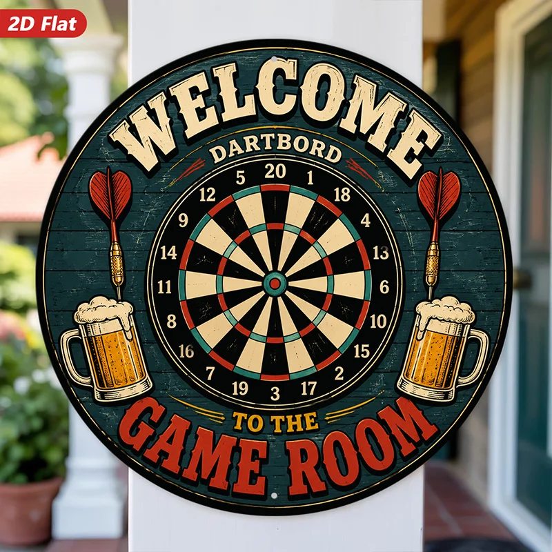 2D Flat, 1pc Round Metal Sign Wall Art, Round Dartboard Themed Wall Art Home Decor, with 
