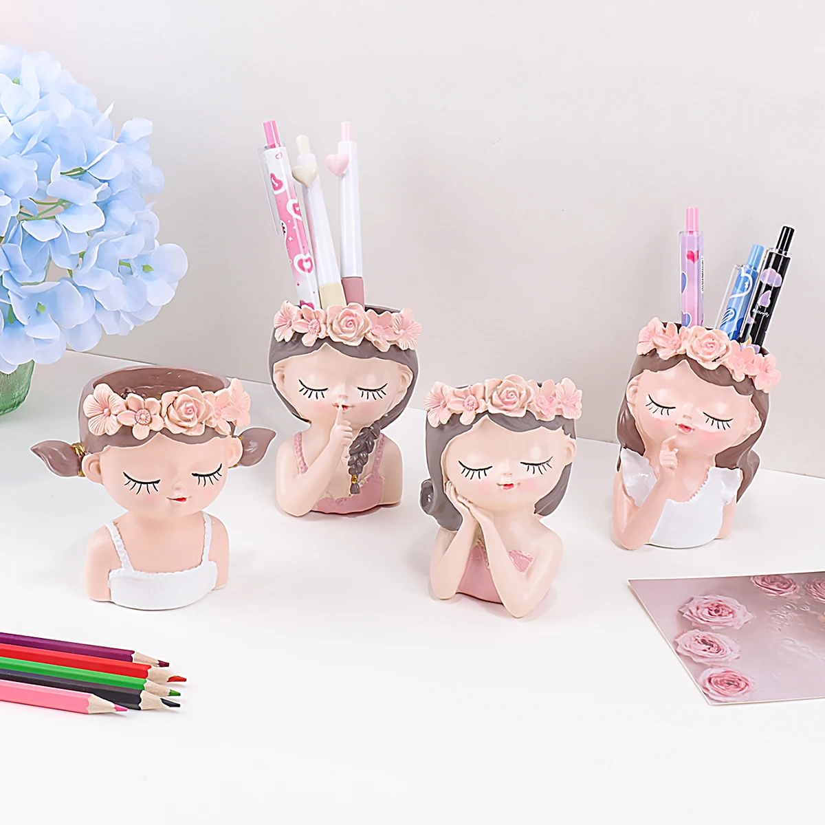 Creative Fairy Girl Head Flower Pot Pen Holder,  Resin Desktop Stationery Organizer Pencil Cup,OfficeHome Decor,Exquisite Gift