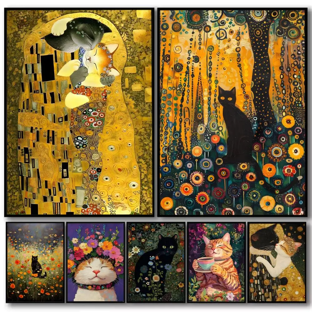 

G-Gustav Klimt Art for Cut Cat Painting Calligraphy High-Quality Cotton Canvas Poster Wall Art for LivingRoom Coffee House Decor