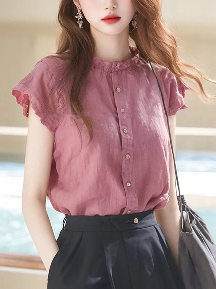

Lace Collar Linen Short Sleeve Blouse Women Unique Design Summer Casual Top
