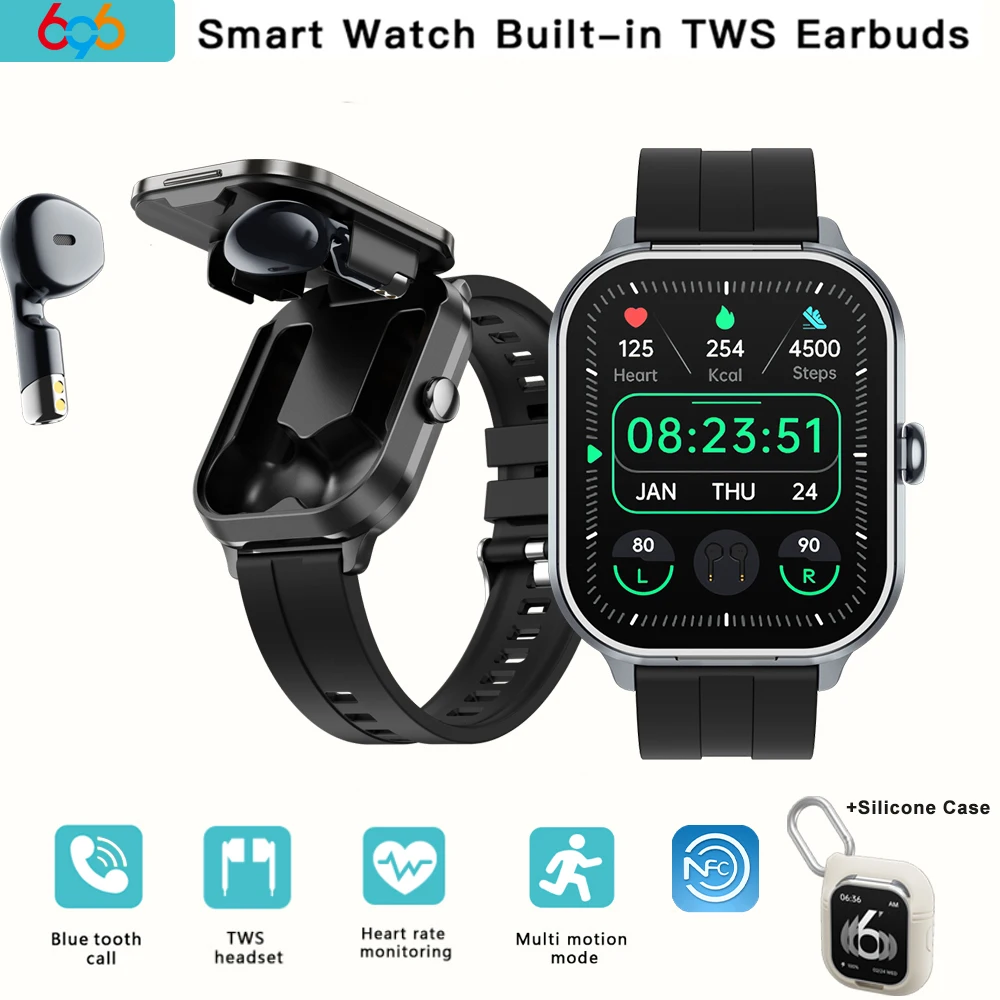 2024 New Headphone NFC Smartwatch 2 In 1 TWS Headset Blue Tooth Call Smart Watch Sports Waterpoof Heart Rate Music Weather