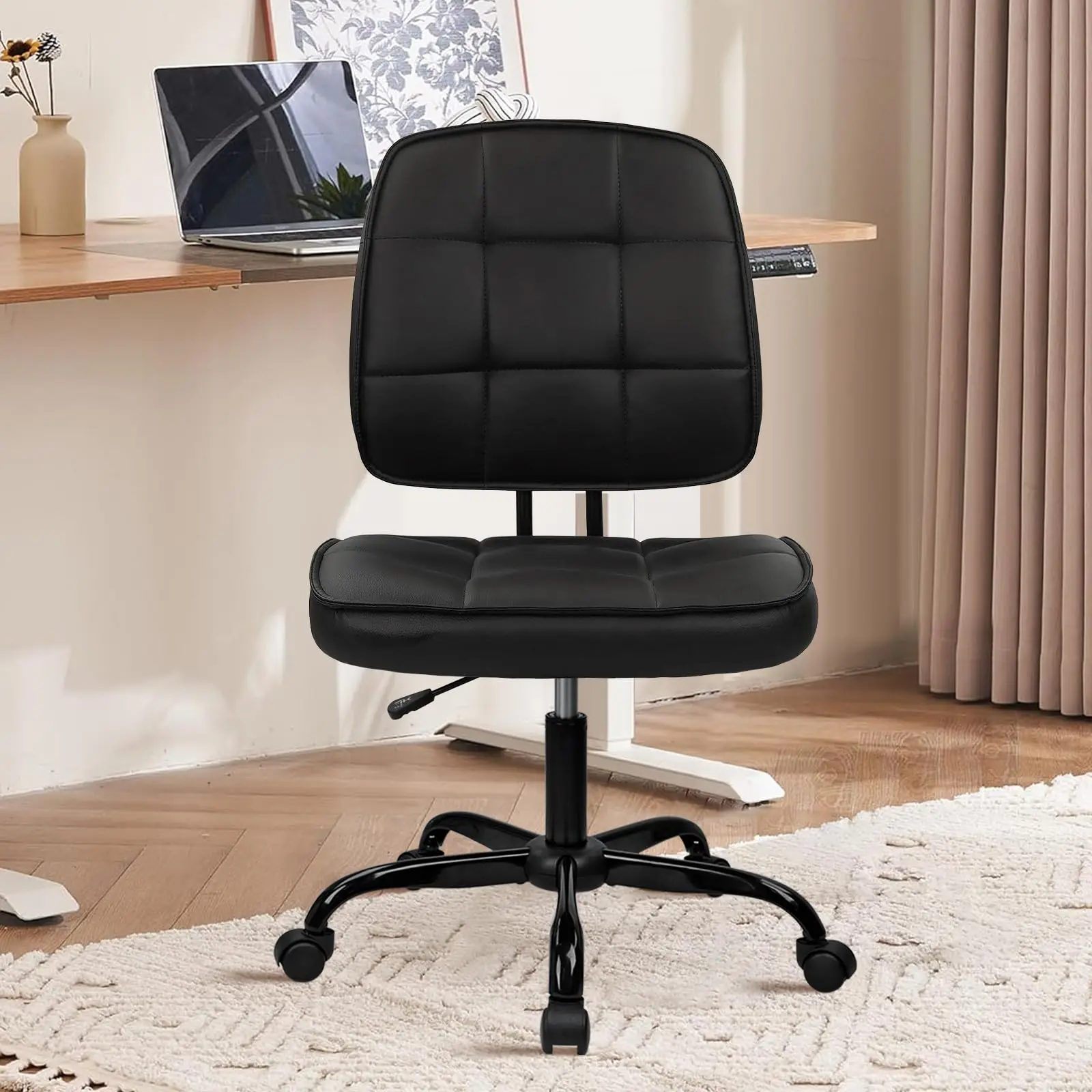 Home Office Chair No Arms with Wheels, Armless Small Leather Ergonomic Low Back Desk Chairs Adjustable Height 360°