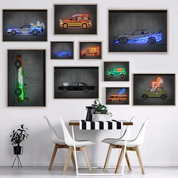 Neon Famous Car Vehicle Posters Prints Graffiti Street Wall Art Back To The Future Cars Canvas Paintings Boy Gifts Rome Decor