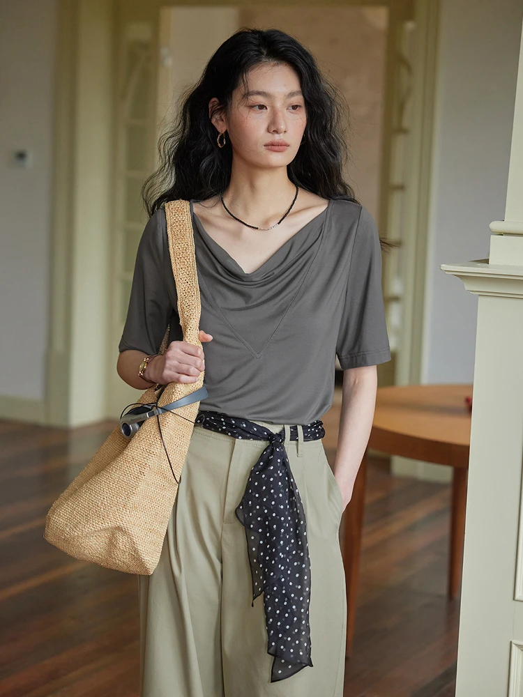 

Женская летняя футболка из модала Solighter, новый свободный топ с глазами, винтажный топ для поездок на работу, однотонная ткань, модальная смесь полиэстера