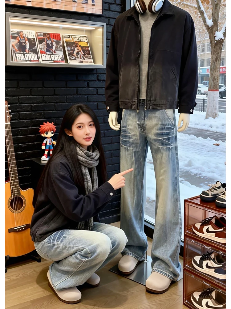 

Waed Blue Men's Winter Straight Leg Jeans Flared Cuff Heightened Visual Effect Wearable Casual Vintage Sle Durable