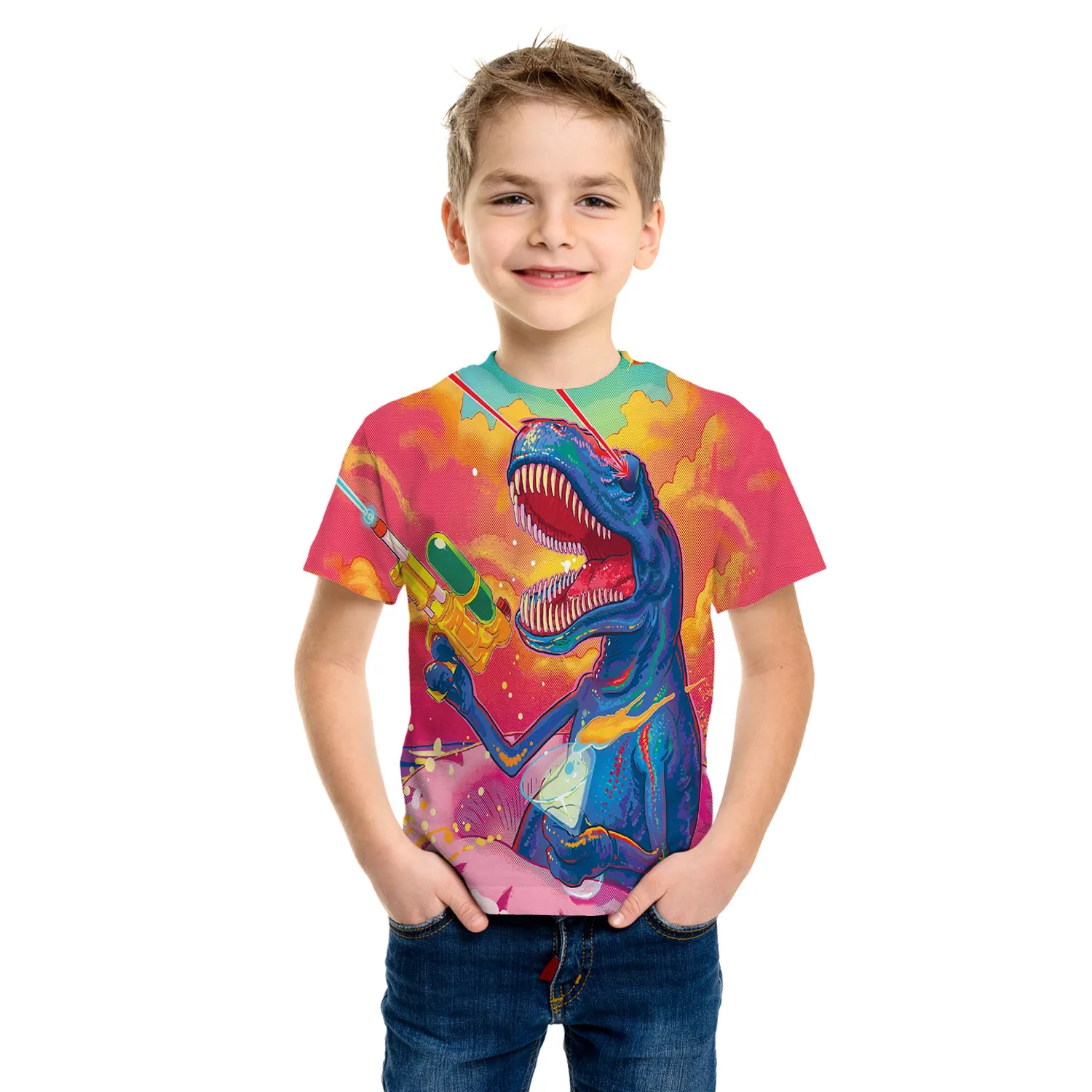 Fajny potężny dinozaur kolorowy nadruk 3d T Shirt dla dzieci chłopcy codzienna koszulka z krótkim rękawem na letnie ubrania dla dzieci topy