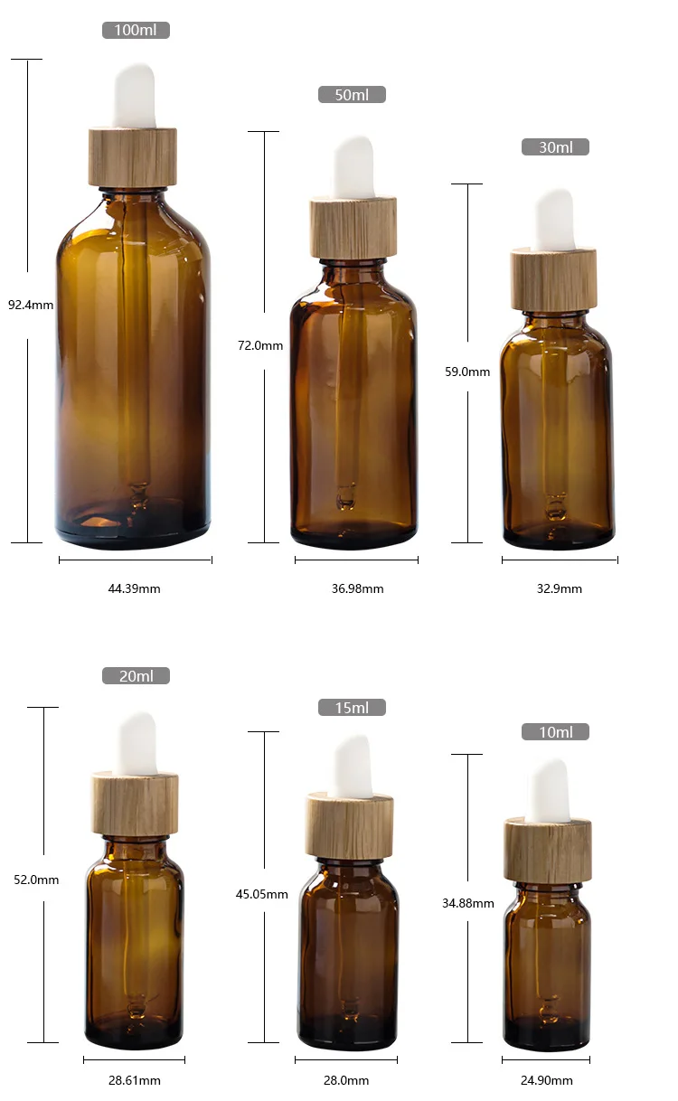 Flaconi contagocce coperchio in bambù olio essenziale per la cura della pelle flacone contagocce per imballaggio contenitore per Pipette in vetro ambrato smerigliato da 5ML-100ML