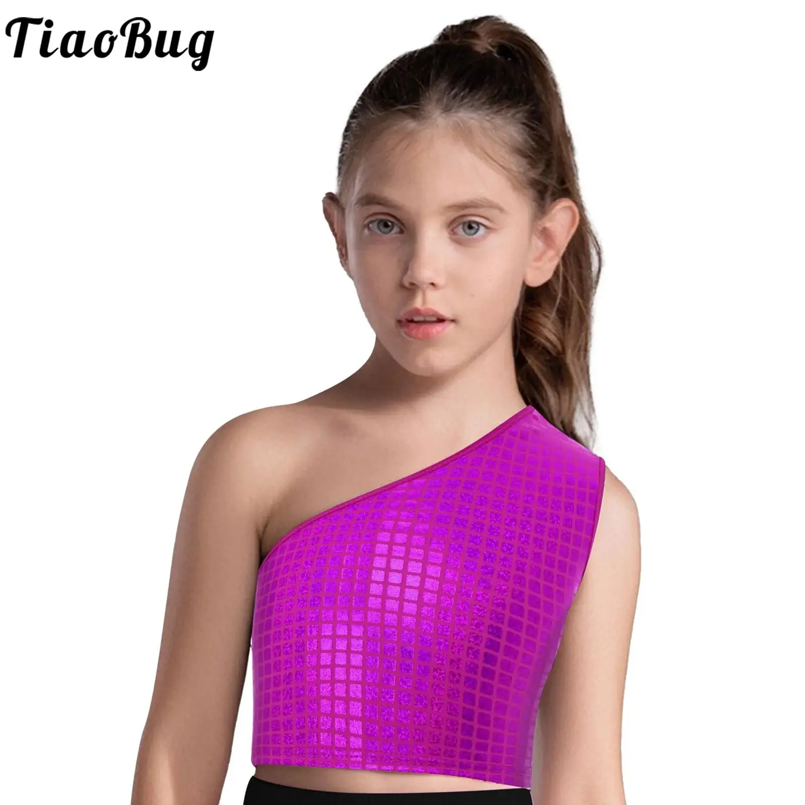 Girls One Shoulder Metallic Plaid Vest Jazz Hip Hop Street Dance Crop Tanks Tops School Party Cheerleading Performance Outfits