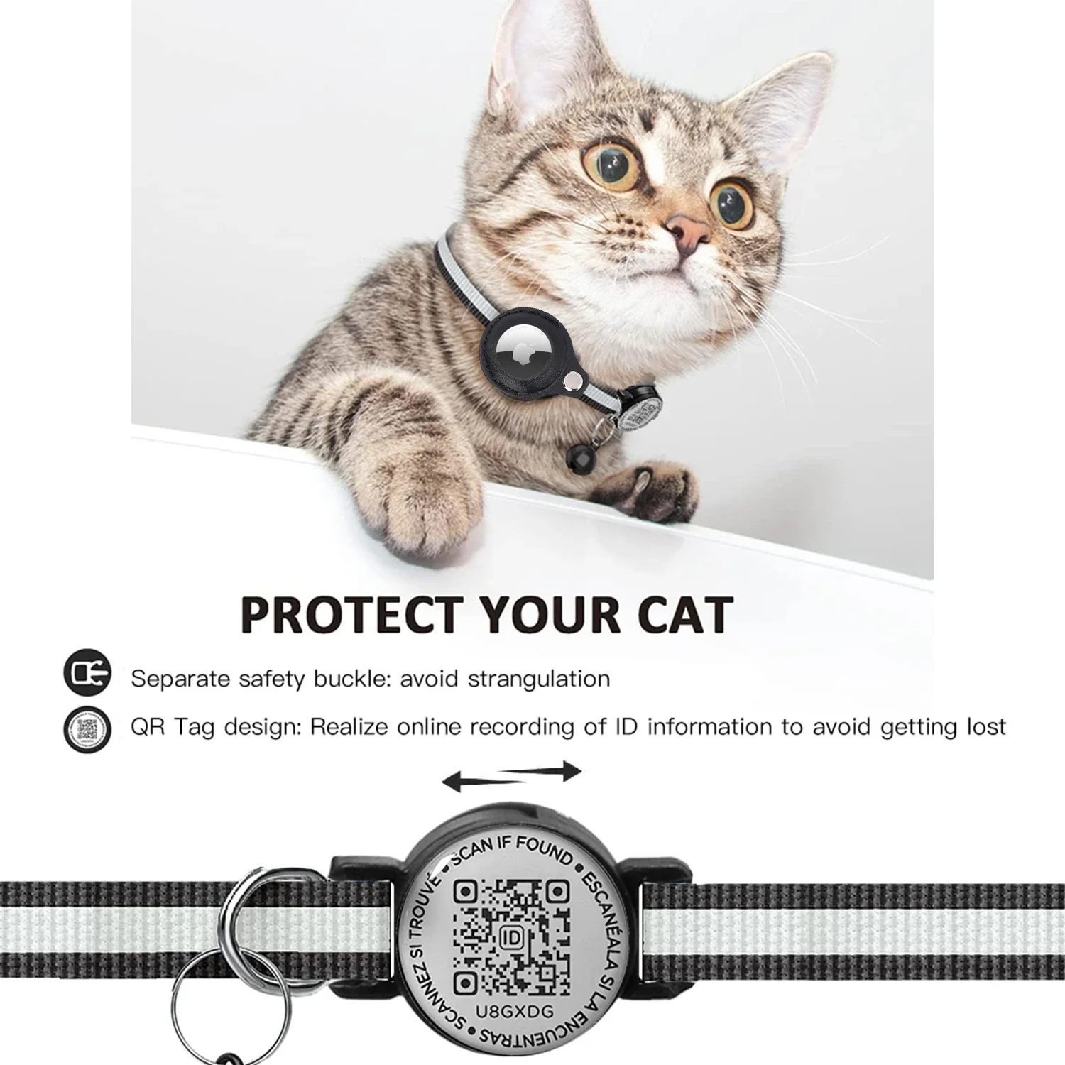 Reflective AirTag Cat Collar, Cat Tracker Collar with Air Tag Holder & QR Tag, Safety Cat GPS Collars for Girl Boy Cats, Kittens