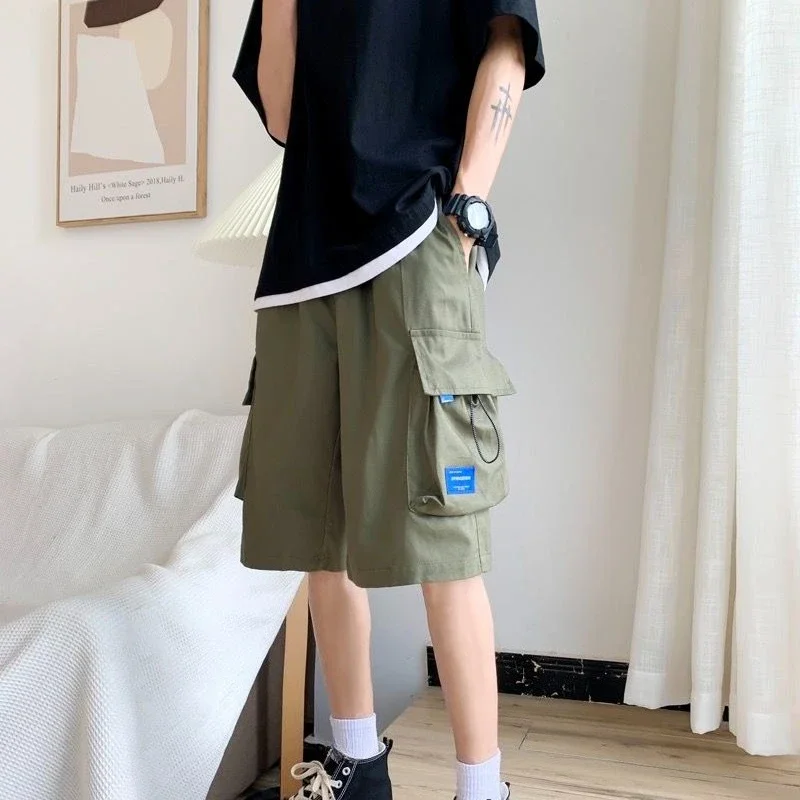 남성용 포켓 카키 롱 밴딩 허리 솔리드 버뮤다 카고 반바지 와이드 배기 하프 루즈 드로스트링 Y2k