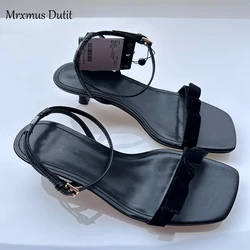 Mrxmus 2024 New Women Summer Fashion Genuine Leather One Character Strip Square Head Slender Heel Sandals Elegant Shoes Female