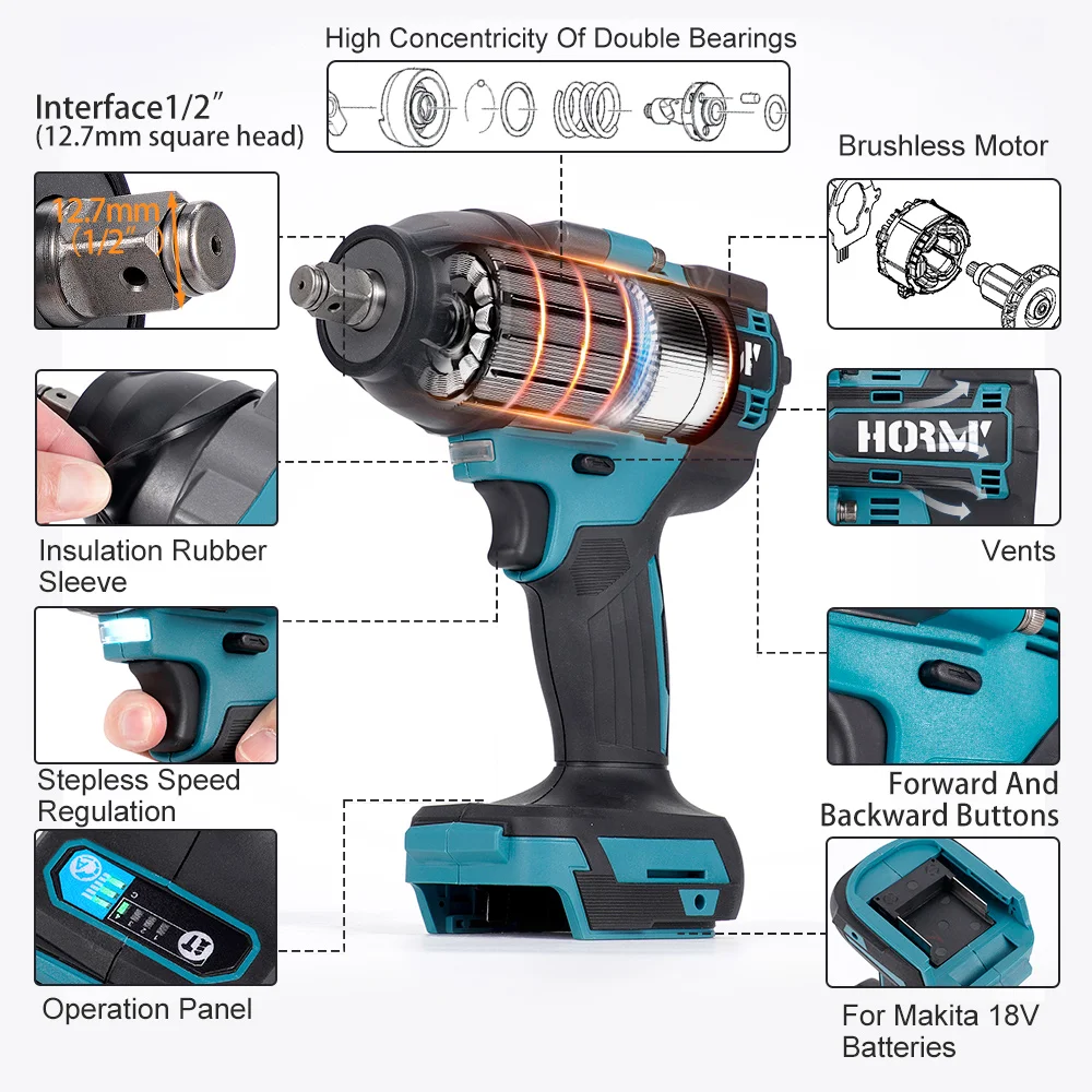 Hormy Brushless Cordless Electric Impact Wrench 1800N.M Torque 1/2'' Electric Screwdriver Power Tool For Makita 18V Battery