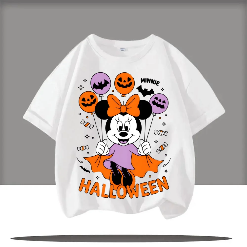 

Disney Mickey Mouse Pumpkin Bow Halloween Printed Girl Mesh T-shirt Children's Halloween Costume Cute Cartoon Pattern T-shirt