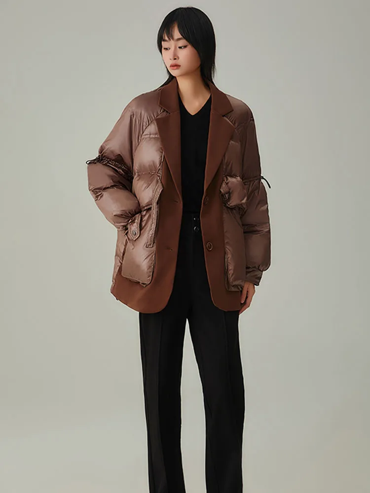 Chaqueta de plumón de invierno para mujer, abrigo de plumón de pato blanco, traje con cuello, diseño elegante, prendas de vestir exteriores de retazos, abrigo falso de dos piezas, cálido e informal