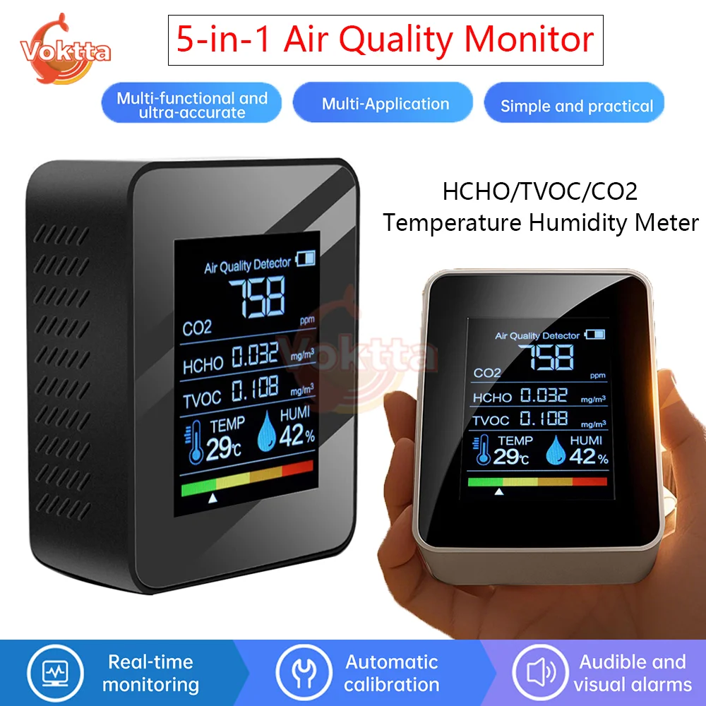 

5-in-1 Air Quality Monitor HCHO/TVOC/CO2 Carbon Dioxide Detector Formaldehyde Tester Temperature Humidity Meter Type-C Interface