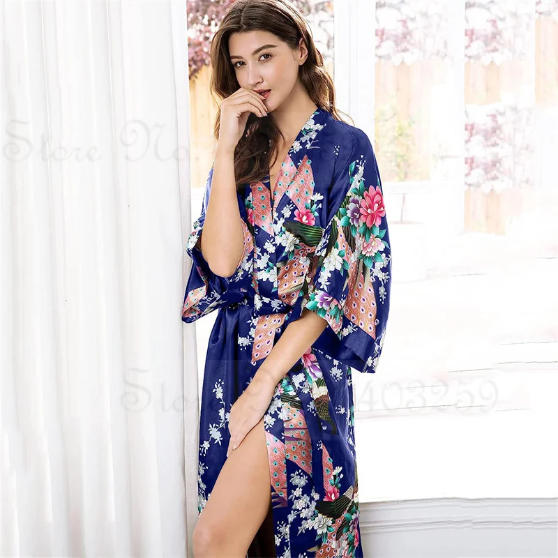 Women Long Robe Kimono Bathrobe Gown with Pockets Sexy Wedding Bride Bridesmaid Dressing Gown Oversize Satin Homewear Loungewear