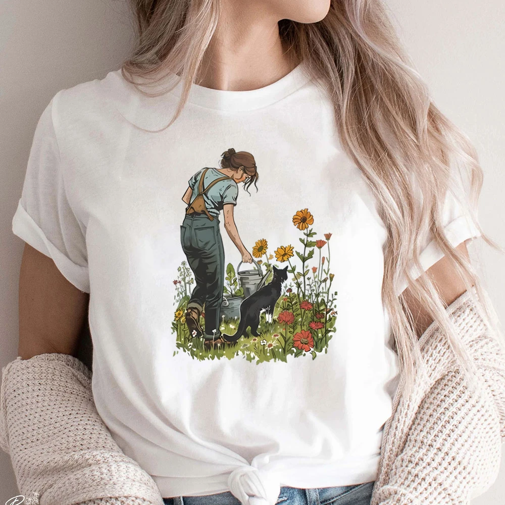 Gardening and Cat Tee Tshirt Wildflower Sunflower Cottagecore Botanical for Garden Printed Clothing Graphic Tees Cat Lovers Gift