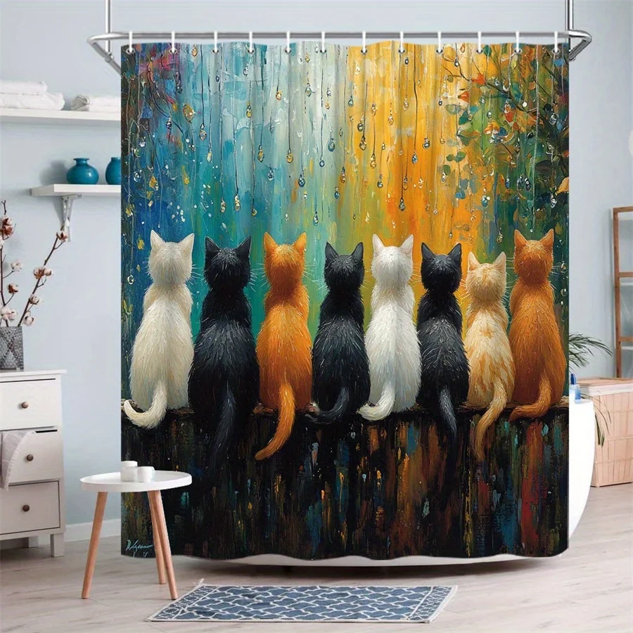 Colorful Cats on Wooden Fence Shower Curtain - Seven Cats with Detailed Fur, Impressionistic Raindrop & Abstract Background