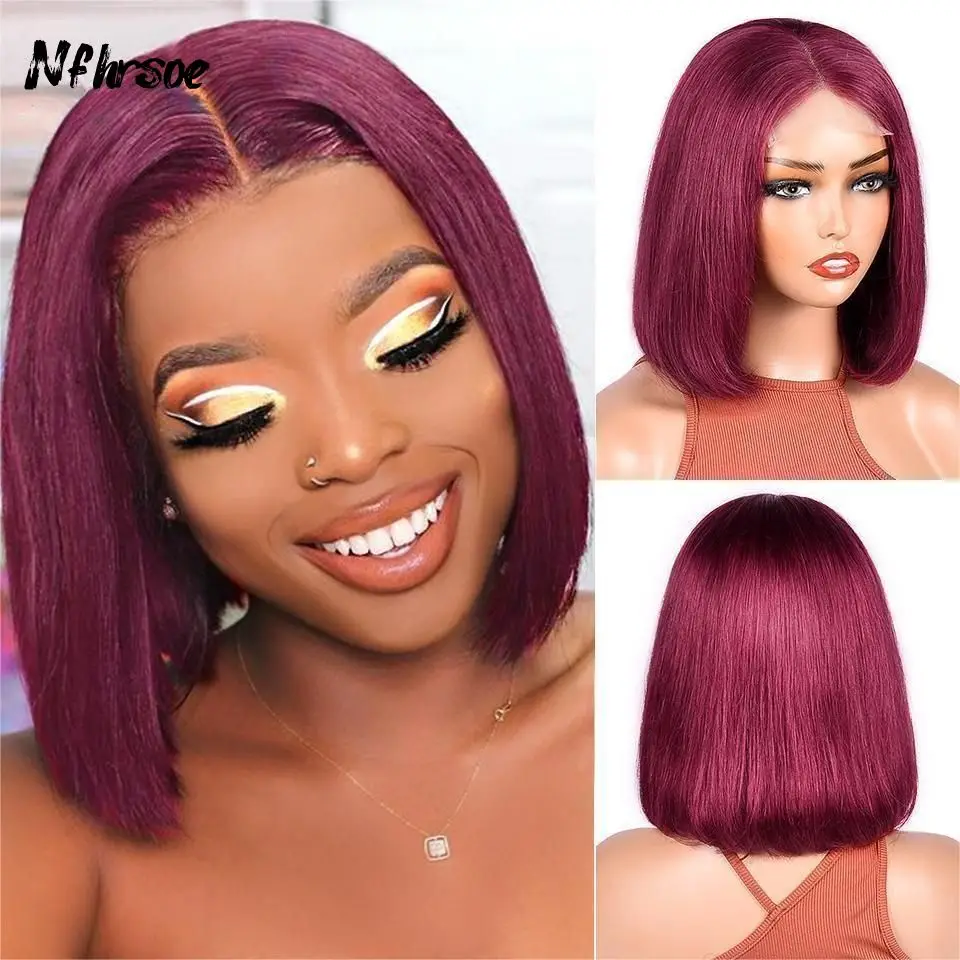 

High Quality Colored Brazilian Human Hair Wig Dark Purple Short Straight Bob Transparent 13x4 HD Lace Frontal Wig Pre Plucked