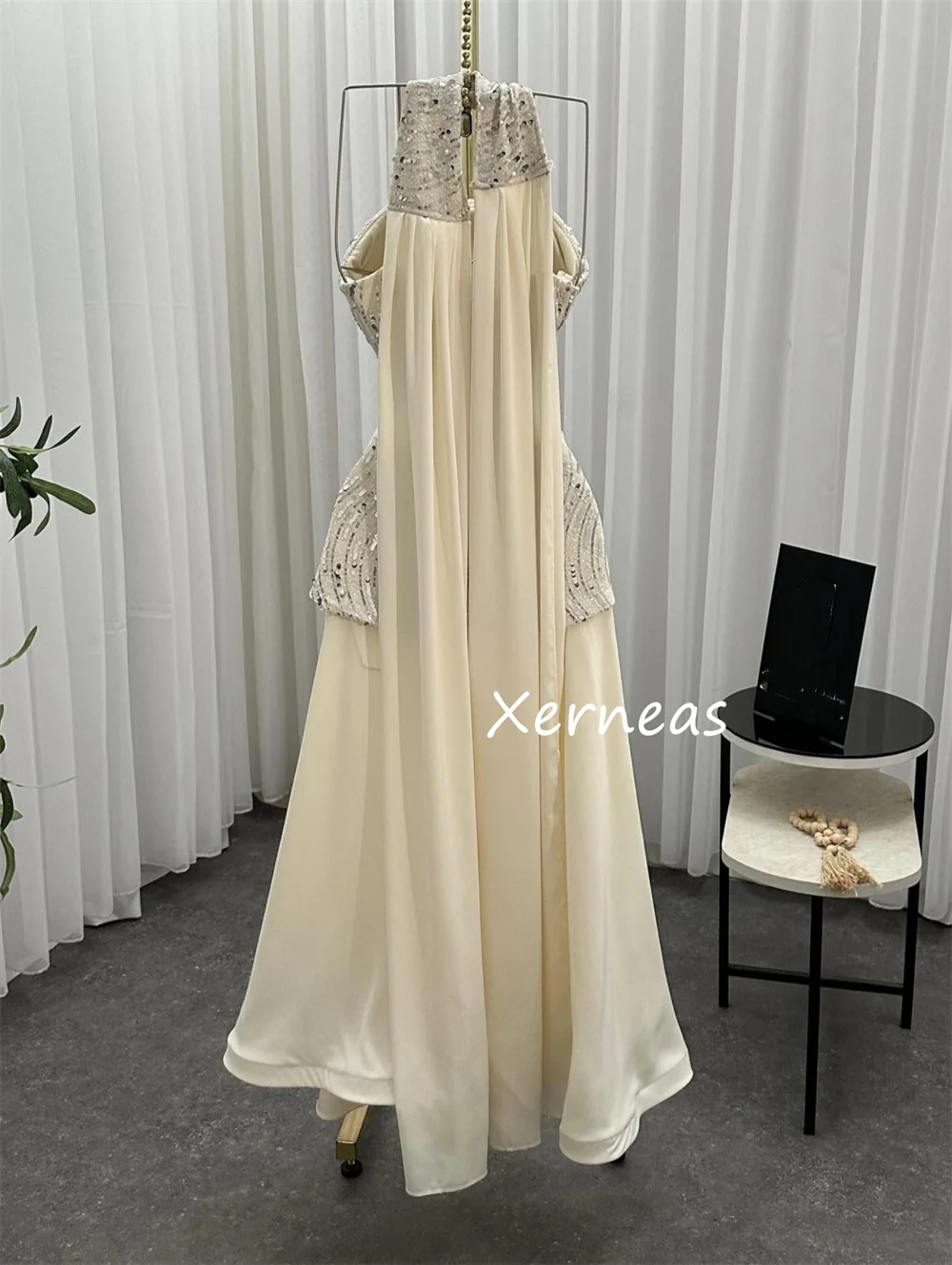 Customized High Quality Chiffon Pleat Sequined A-line Strapless Midi Dresses Bespoke Occasion Party Pastrol Formal