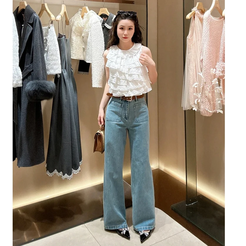 

Джинсы прямого кроя с высокой талией и широкими штанинами, женские утягивающие брюки с поясом, весенняя коллекция, джинсовые синие женские джинсы высокого качества