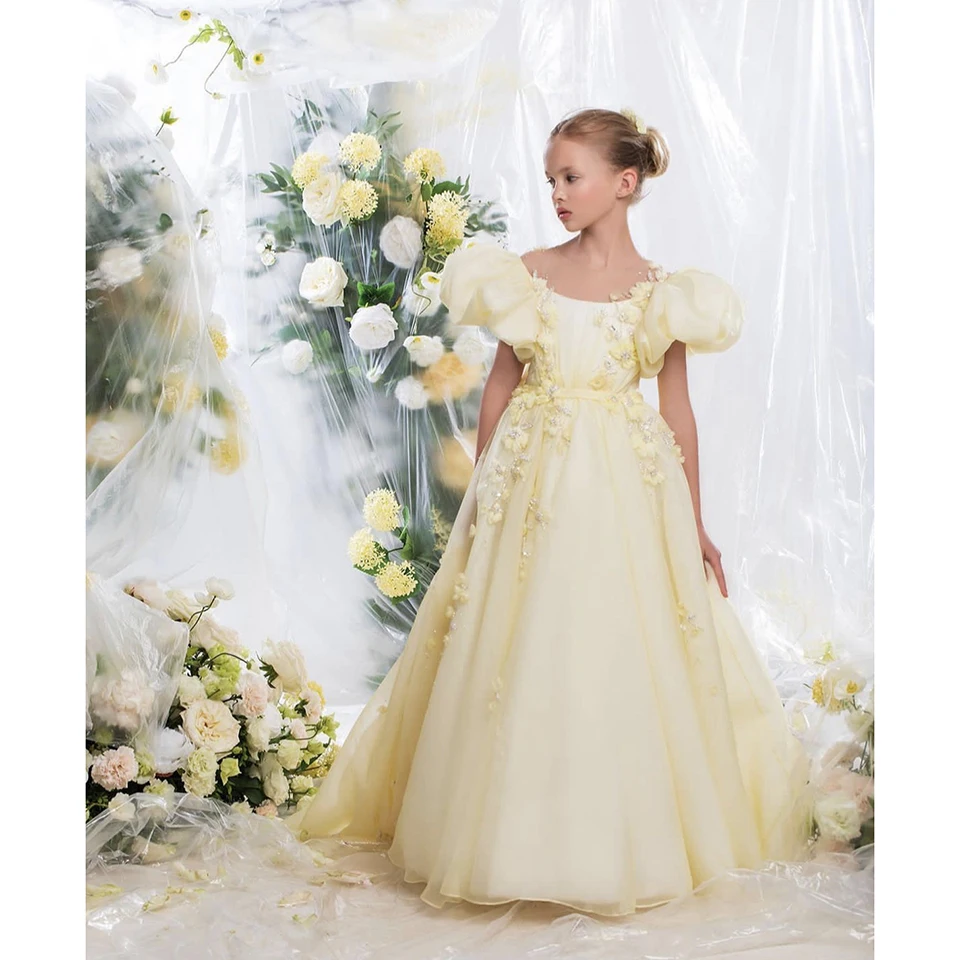 Vestido de menina flor puff mangas o pescoço, comprimento do chão, vestido de primeira comunhão, vestido concurso, A-Line, elegante, luxo, casamento, 2023