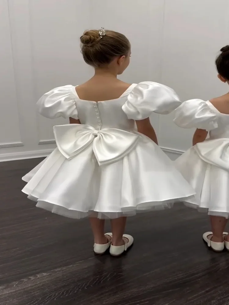 Custom light luxury dress women wedding guest gown girls wedding gown birthday party gown pageant puff sleeve satin short gown